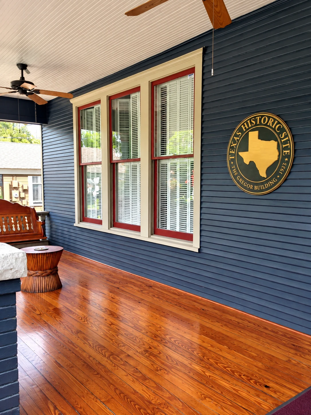 Gregor Building porch with Texas Historic Site marker