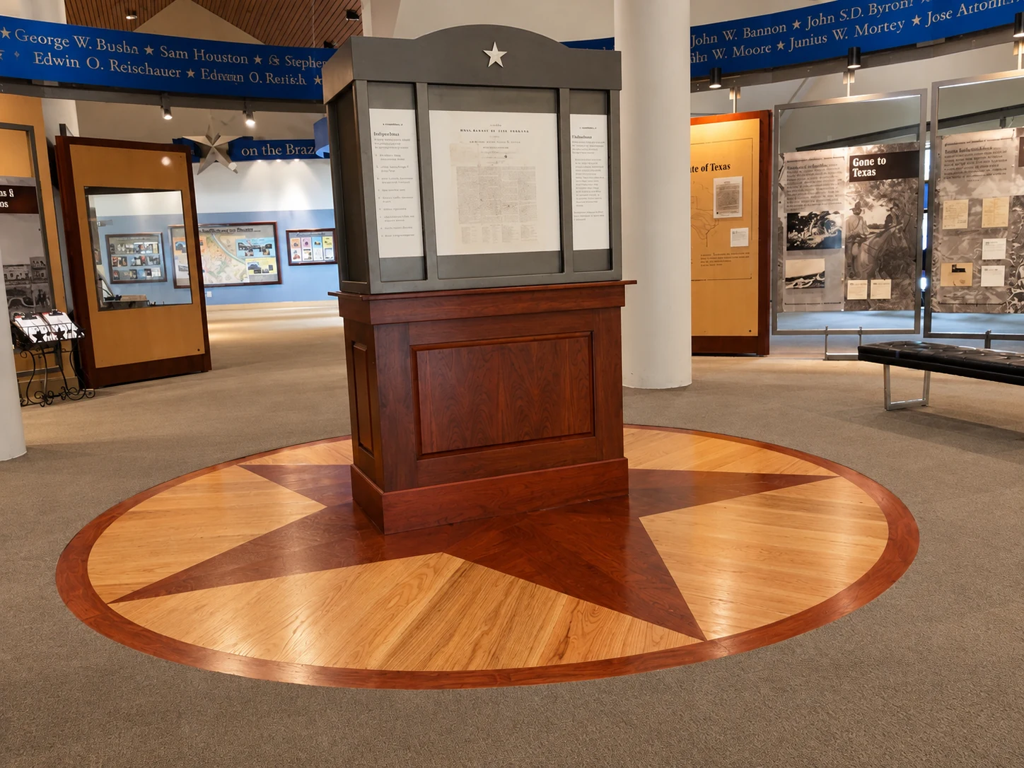 Custom Texas star wood floor medallion installation